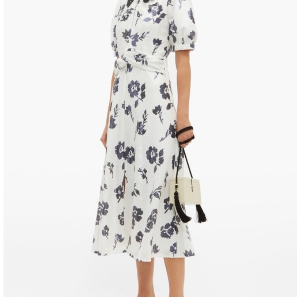 SELF PORTRAIT Sequin Floral White and Blue Midi Dress size 0/2